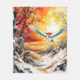 Fantasy Schattige Forest Woodpecker Sunset Fleece Deken