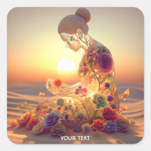 Fantasy Schattige Glas Meisje Bloemen Vierkante Sticker