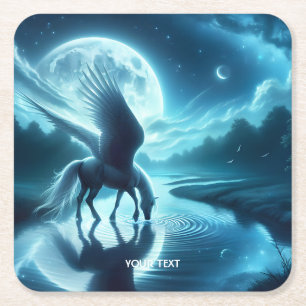 Fantasy Schattige Horse Wings Moon Vierkante Kartonnen Onderzetter