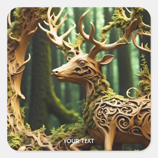Fantasy Schattige Houten Carving Deer Vierkante Sticker (Voorkant)