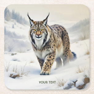 Fantasy Schattige Lynx Wintersneeuw Vierkante Kartonnen Onderzetter