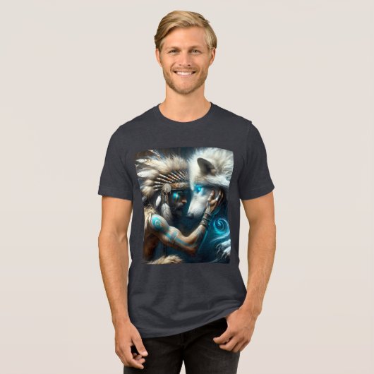 Fantasy Schattige Man Knuffelen Wolf Tri-Blend Shirt (Voorkant volledig)