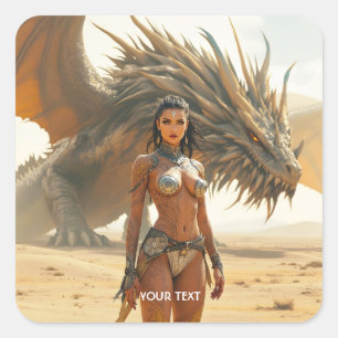 Fantasy Schattige meisje Dragon Desert Vierkante Sticker