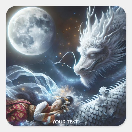 Fantasy Schattige meisje Dragon Moon Vierkante Sticker (Voorkant)