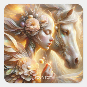 Fantasy Schattige meisje en paard Vierkante Sticker