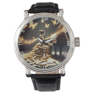 Fantasy Schattige meisje speelt piano Horloge
