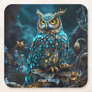 Fantasy Schattige Messing Turquoise Uil Vierkante Kartonnen Onderzetter