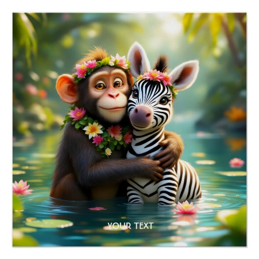 Fantasy Schattige Monkey Zebra Hug Perfect Poster (Voorkant)
