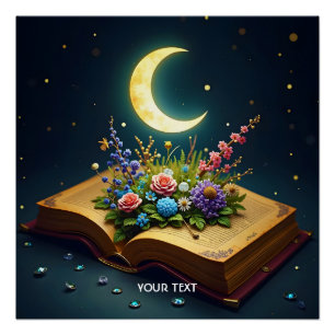 Fantasy Schattige Moon Book Flowers Perfect Poster
