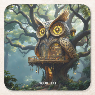 Fantasy Schattige Owl Tree Forest Vierkante Kartonnen Onderzetter