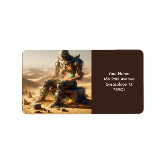 Fantasy Schattige Rusty Robot Desert Etiket (Voorkant)