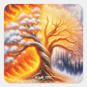 Fantasy Schattige Tree Fire Snow Vierkante Sticker
