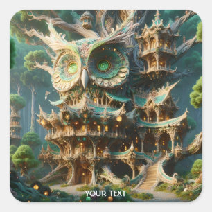 Fantasy Schattige Uil Tree House Vierkante Sticker