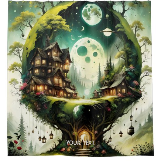 Fantasy Schattige Vivid Tree House Moon Douchegordijn (Voorkant)