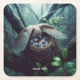 Fantasy Schattige Vogelnestregen Vierkante Kartonnen Onderzetter