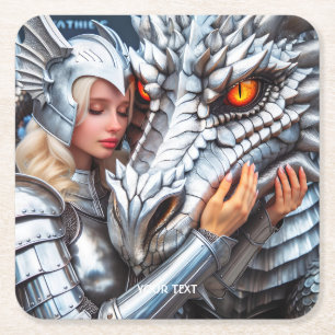 Fantasy Schattige Vrouw Warrior Dragon Vierkante Kartonnen Onderzetter