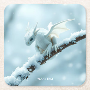 Fantasy Schattige Witte Baby Dragon Vierkante Kartonnen Onderzetter