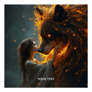 Fantasy Schattige Wolf Girl Fire Perfect Poster