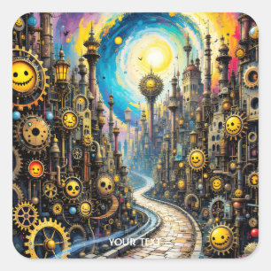 Fantasy Schattigee Abstracte Steampunk City Vierkante Sticker