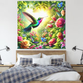 Fantasy Schattigee Bloemen Regenboog Kolibrie Canvas Afdruk (Insitu (Slaapkamer))