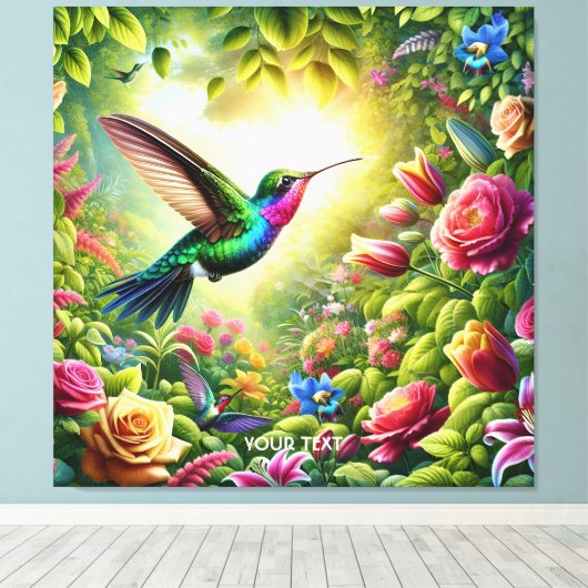 Fantasy Schattigee Bloemen Regenboog Kolibrie Canvas Afdruk (Insitu (Houten vloer))
