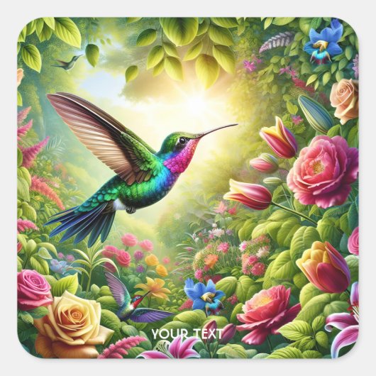 Fantasy Schattigee Bloemen Regenboog Kolibrie Vierkante Sticker (Voorkant)