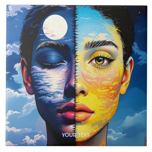 Fantasy Schattigee dag nacht gezicht Tegeltje (Voorkant)