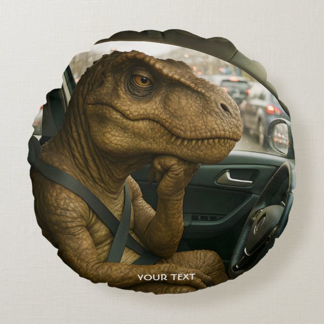 Fantasy Schattigee dinosaurus rijdende auto Rond Kussen (Voorkant)