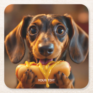 Fantasy Schattigee hond Hot Dog Vierkante Kartonnen Onderzetter