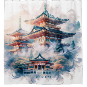 Fantasy Schattigee Japanse Tempel Waterverf Douchegordijn