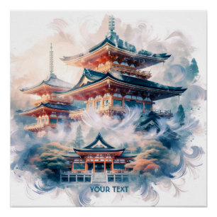 Fantasy Schattigee Japanse Tempel Waterverf Perfect Poster