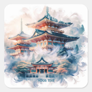 Fantasy Schattigee Japanse Tempel Waterverf Vierkante Sticker