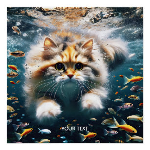 Fantasy Schattigee kat zwemmen onder water Perfect Poster