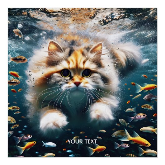 Fantasy Schattigee kat zwemmen onder water Perfect Poster (Voorkant)