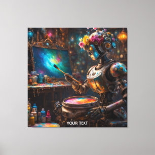 Fantasy Schattigee levendige robot met verfkwast Canvas Afdruk