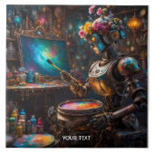 Fantasy Schattigee levendige robot met verfkwast Tegeltje (Voorkant)