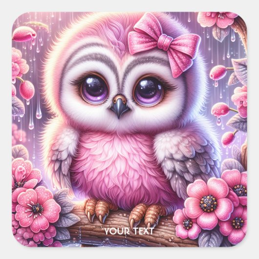 Fantasy Schattigee Roze Uil Sakura Vierkante Sticker (Voorkant)