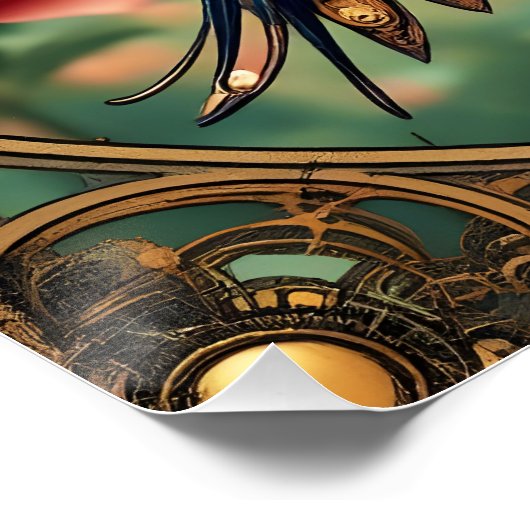Fantasy Schattigee Steampunk Vogelbloemen Perfect Poster (Hoek)