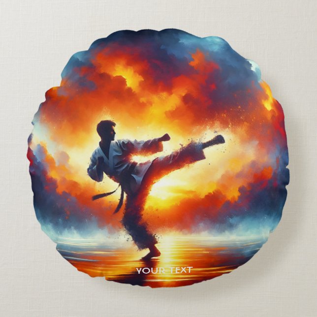 Fantasy Schattigee Sunset Karate Fighter Rond Kussen (Voorkant)