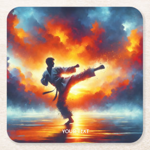 Fantasy Schattigee Sunset Karate Fighter Vierkante Kartonnen Onderzetter