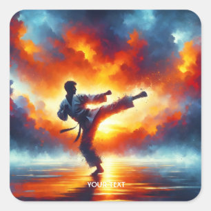 Fantasy Schattigee Sunset Karate Fighter Vierkante Sticker