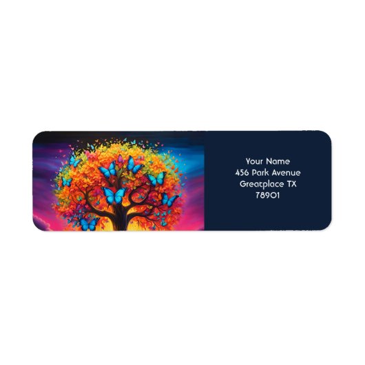 Fantasy Schattigee Vivid Rainbow Tree Vlinders Etiket (Voorkant)