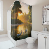 Fantasy Schattigee Vivid Swans Sunset Forest. Perf Douchegordijn (In situ)