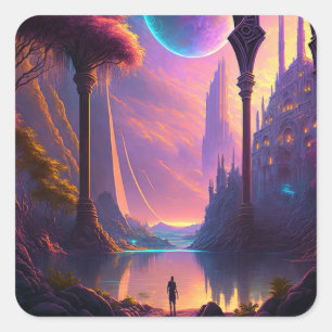 Fantasy Science Fiction Landscape Vierkante Sticker