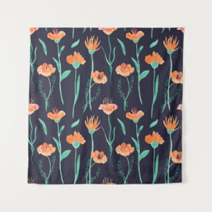 Fantasy Sinaasappel Flowers: Waterverf Dark Patter Wandkleed