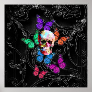 Fantasy skull and colored butterflits poster