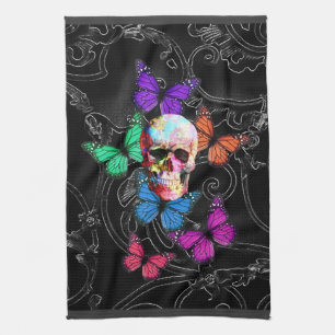 Fantasy skull and colored butterflits theedoek