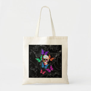 Fantasy skull and colored butterflits tote bag