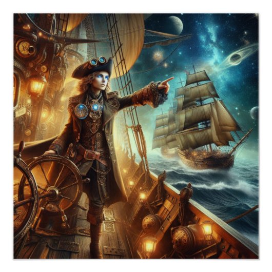 Fantasy Space Pirate Steampunk  Victoriaans Perfect Poster (Voorkant)