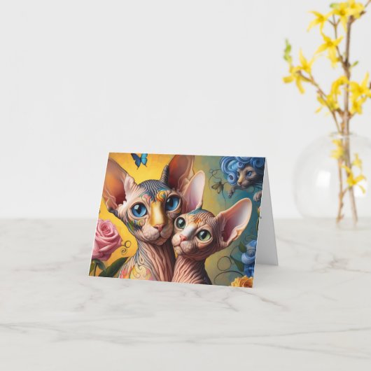 Fantasy Sphynx Kat en Kitten Kaart (Gele Bloem)